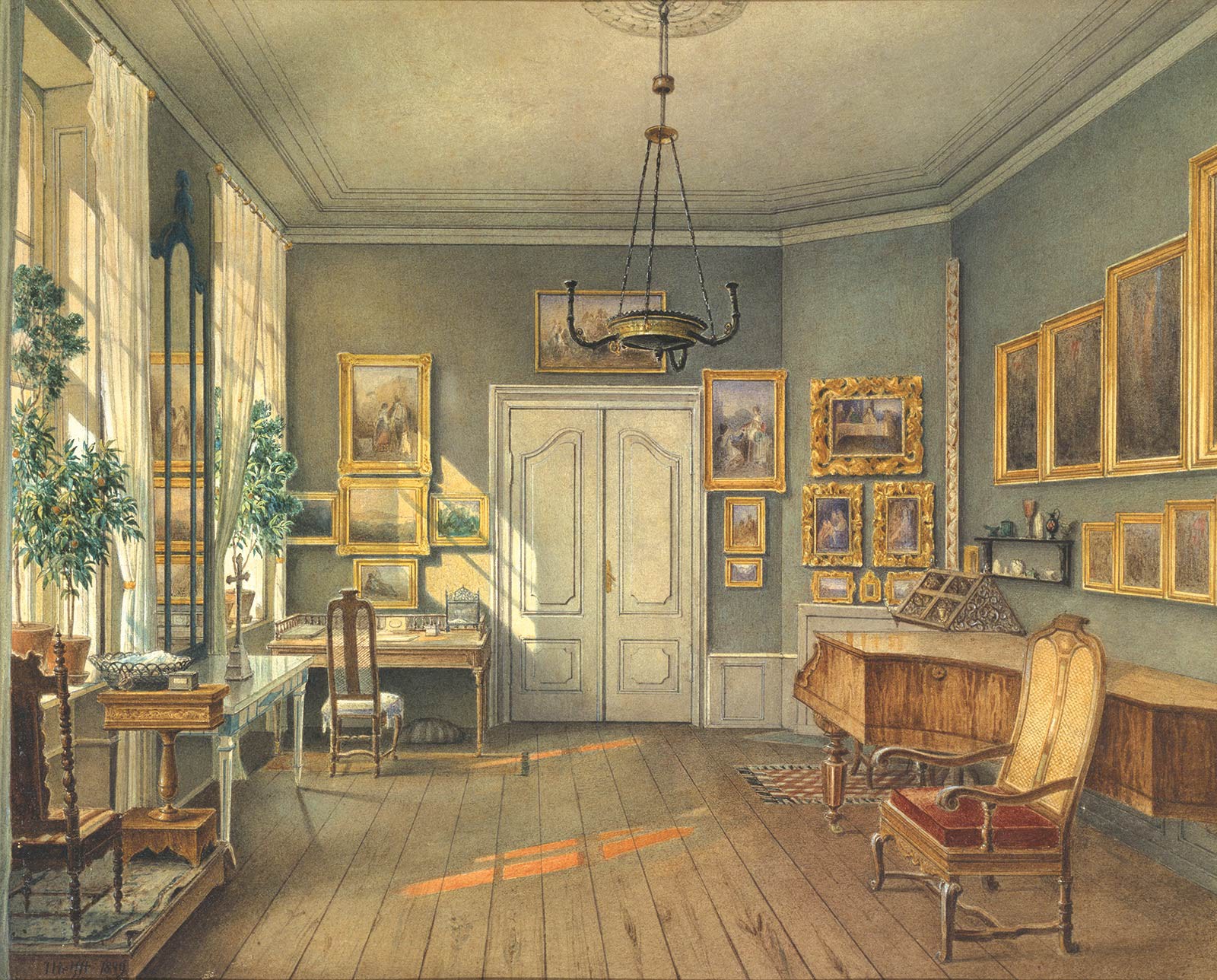 Musikzimmer der Fanny mit Flügel, Nähtisch und den Gemälden ihres Mannes. Julius Helfft, Fanny Hensels Musikzimmer neben dem Gartensaal, 1849, Cooper-Hewitt, National Design Museum, New York