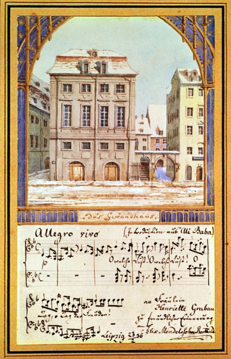 Leipzigs erstes Gewandhaus (bis 1884) und Noten aus Luigi Cherubinis Oper „Ali-Baba oder Die vierzig Räuber“, die der frischgebackene Direktor am 4. Oktober 1835 bei seinem Antrittskonzert aufgeführt hatte. Felix Mendelssohn Bartholdy, Das Alte Leipziger Gewandhaus, 1836, Library of Congress, Washington D. C.